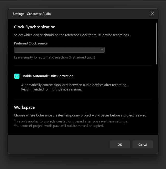 Clock source and drift correction settings